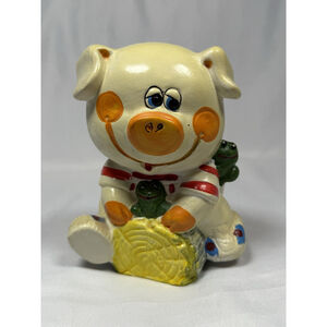Vintage Ceramic Piggy Bank Chalkware Pig Sitting On Log With Frogs Hand Painted